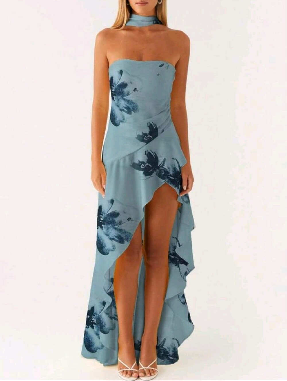 Women Cute Floral Print Strapless Midi Ruffle Dress With Scarf Y2k Asymmetr